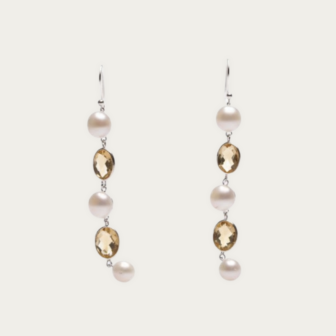Blisse Allure 925 Sterling Silver Citrine and Pearl Dangler Earrings