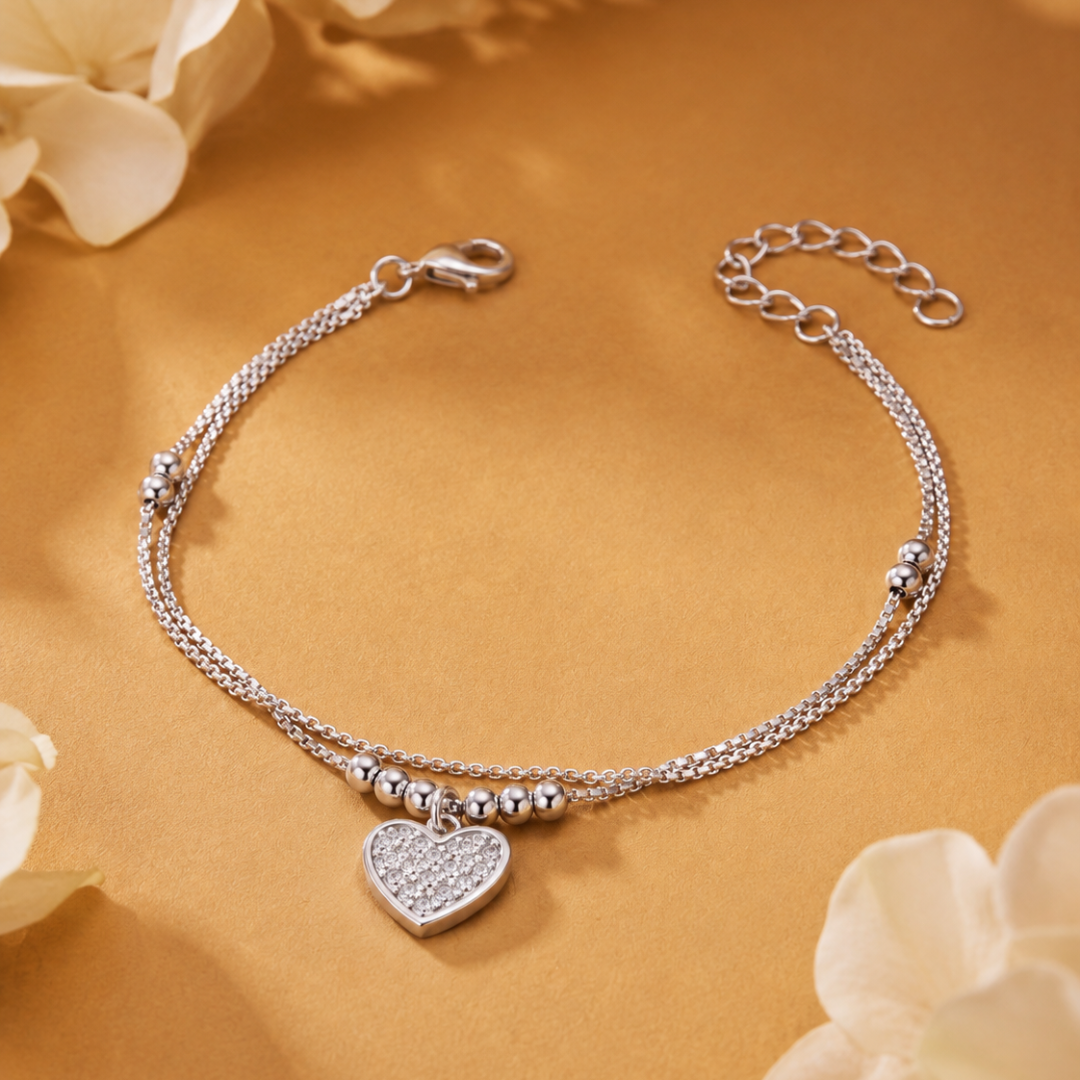 Blisse allure 925 Sterling Silver Double Layer Heart Charm Bracelet
