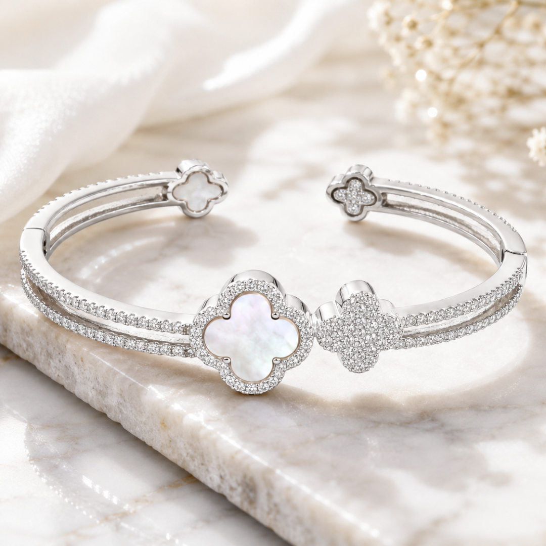 Blisse allure 925 Sterling Silver Mother of Pearl Clover Open Cuff Bangle