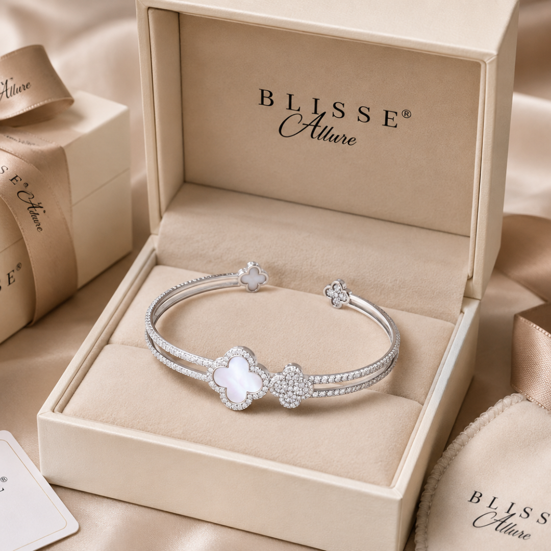Blisse allure 925 Sterling Silver Mother of Pearl Clover Open Cuff Bangle