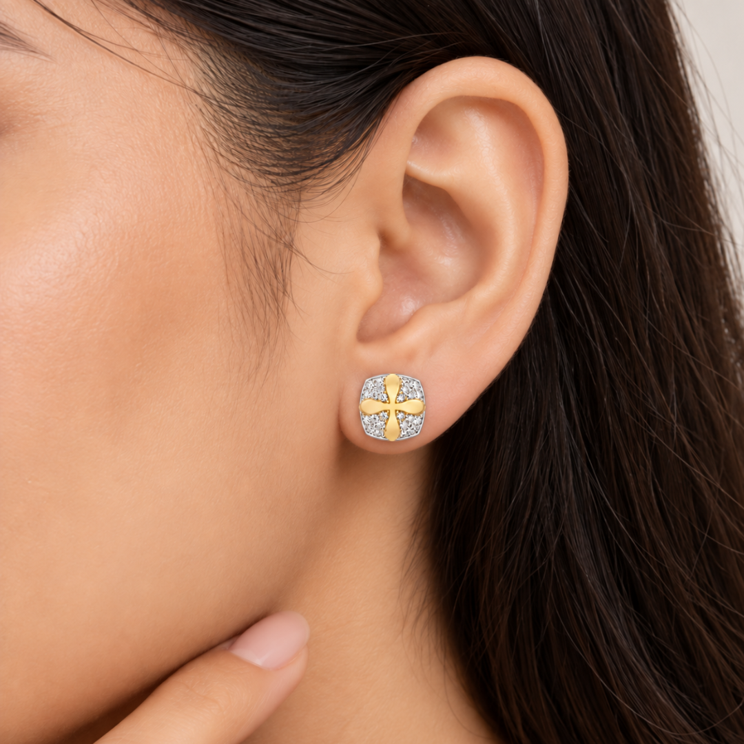 Blisseallure 925 Sterling silver Cross Accent Cubic Zirconia Square Studs
