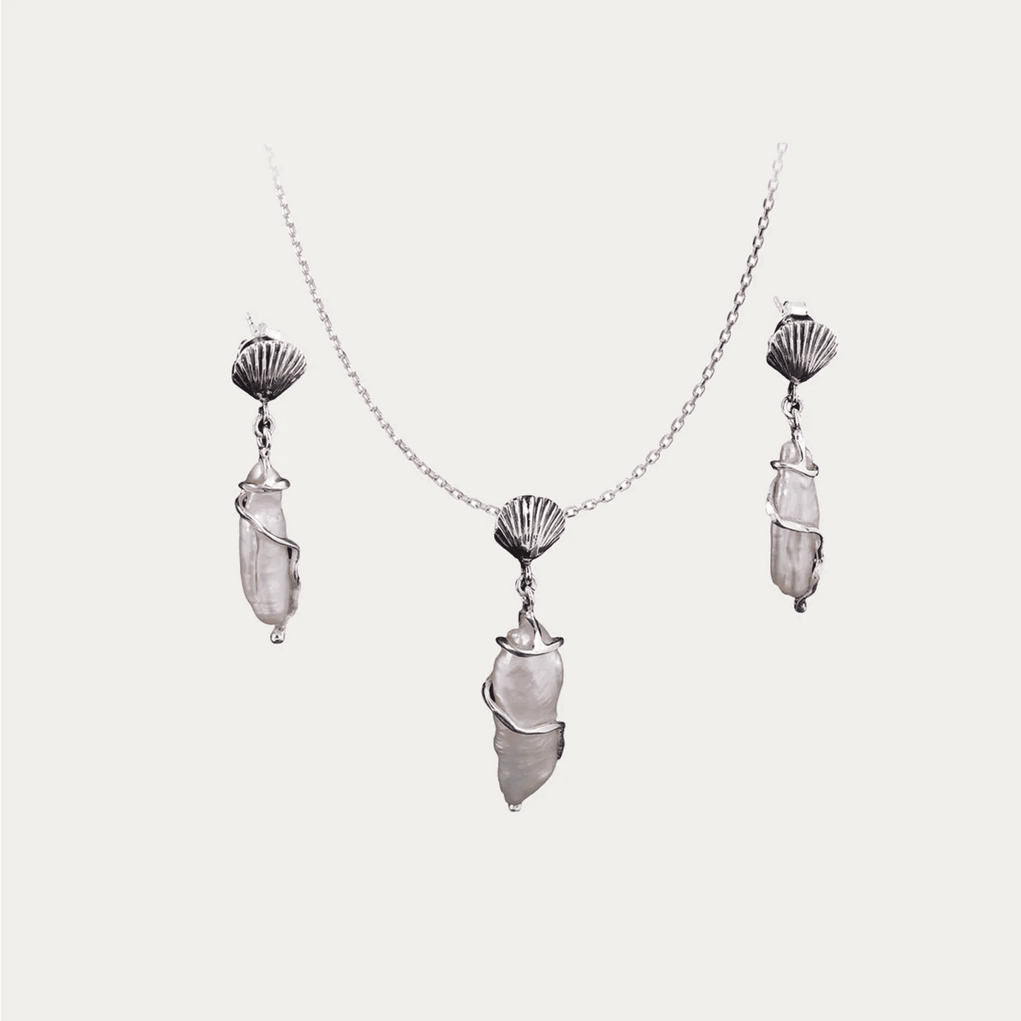 Baroque Pearl Shell Drop 925 Sterling SIlver Earrings & Pendant Set