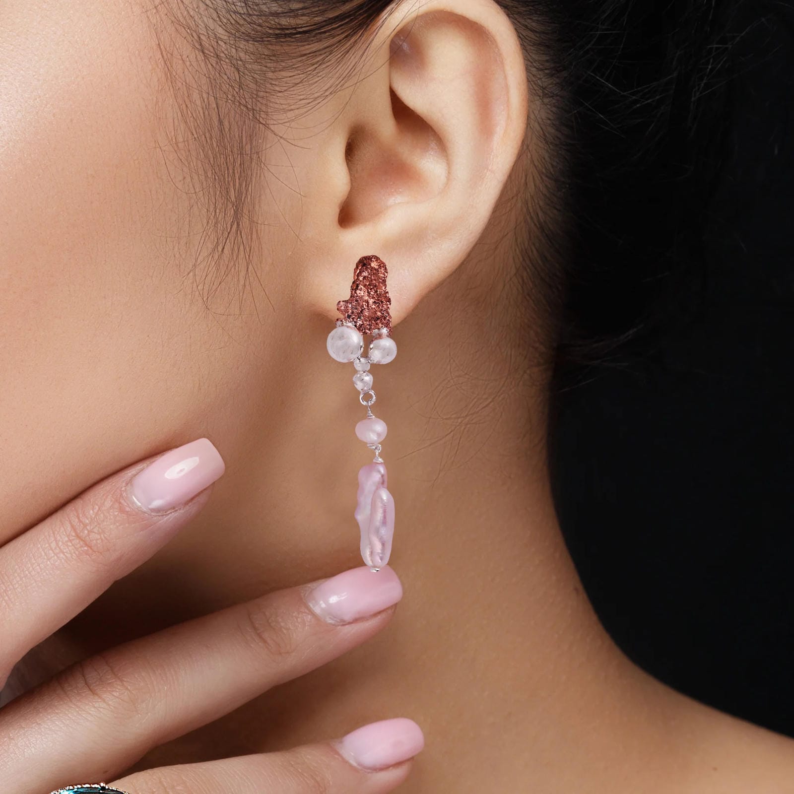 Raw Copper & Baroque Pearl Dangle 925 Sterling Silver Earrings