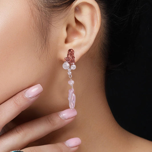 Raw Copper & Baroque Pearl Dangle 925 Sterling Silver Earrings