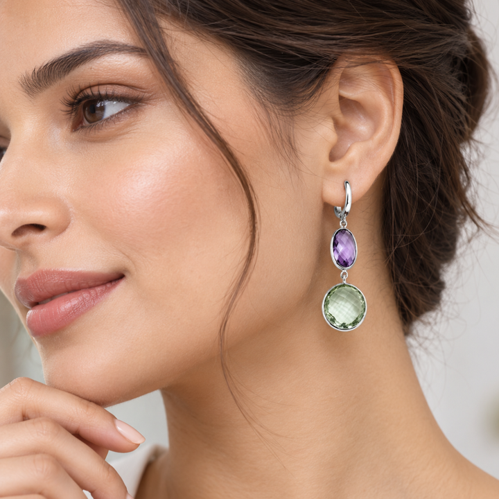 Blisse allure 925 Sterling Silver Amethyst & Green Amethyst Two-Stone Drop Earrings