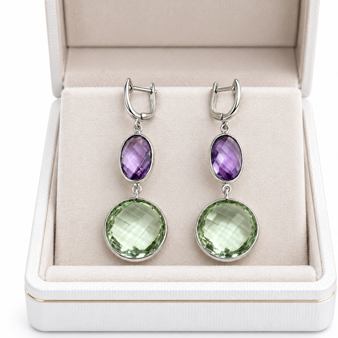 Blisse allure 925 Sterling Silver Citrine & Green Amethyst Two-Stone Drop Earrings