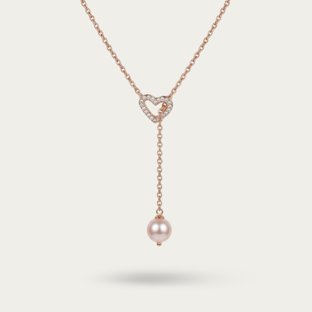 Rose Gold Heart Pearl Lariat Necklace