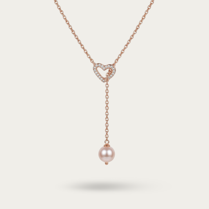 Rose Gold Heart Pearl Lariat Necklace