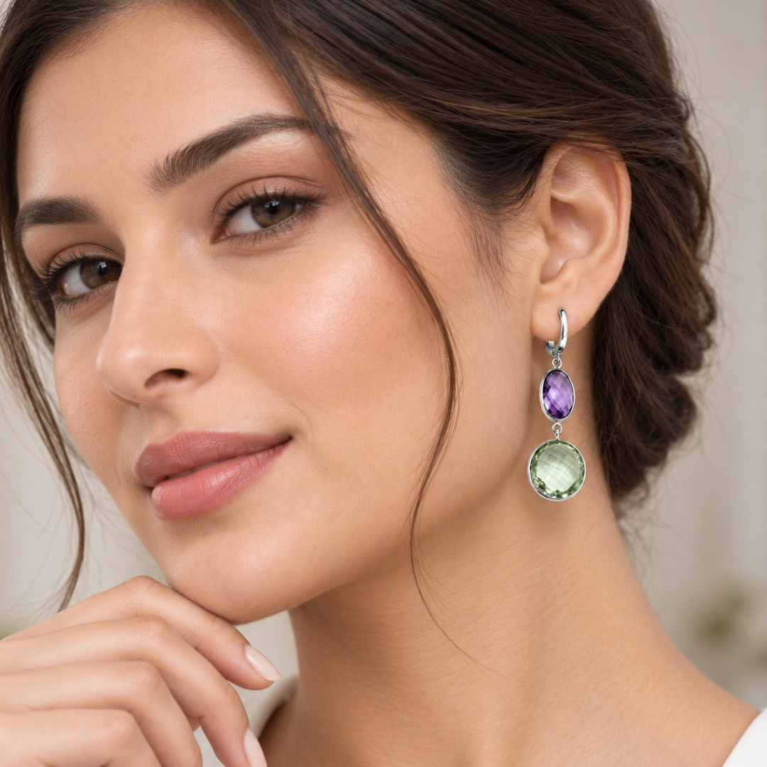 Blisse allure 925 Sterling Silver Citrine & Green Amethyst Two-Stone Drop Earrings