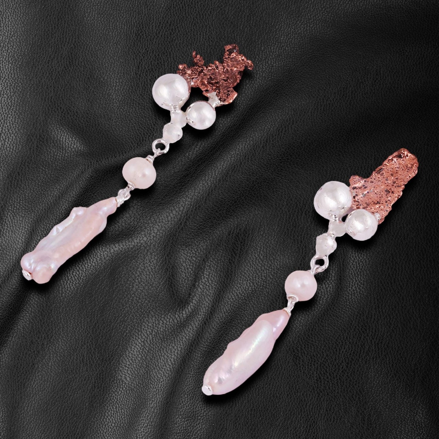 Raw Copper & Baroque Pearl Dangle 925 Sterling Silver Earrings
