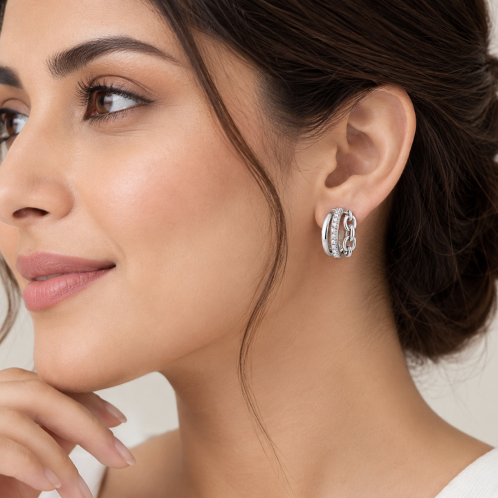 Blisseallure 925 Sterling Silver Multi-Row Chain & CZ Hoop Earrings