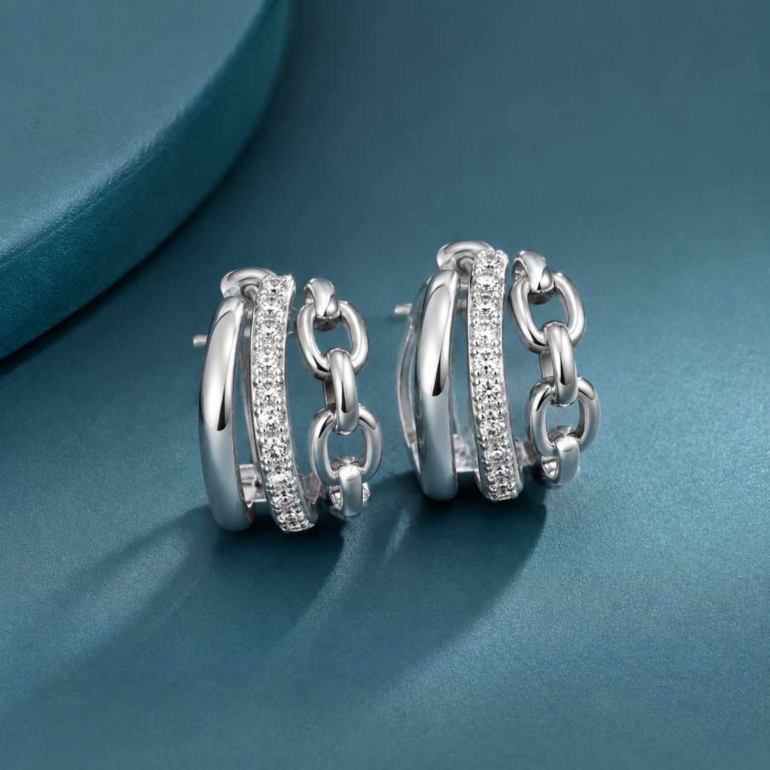 Blisseallure 925 Sterling Silver Multi-Row Chain & CZ Hoop Earrings