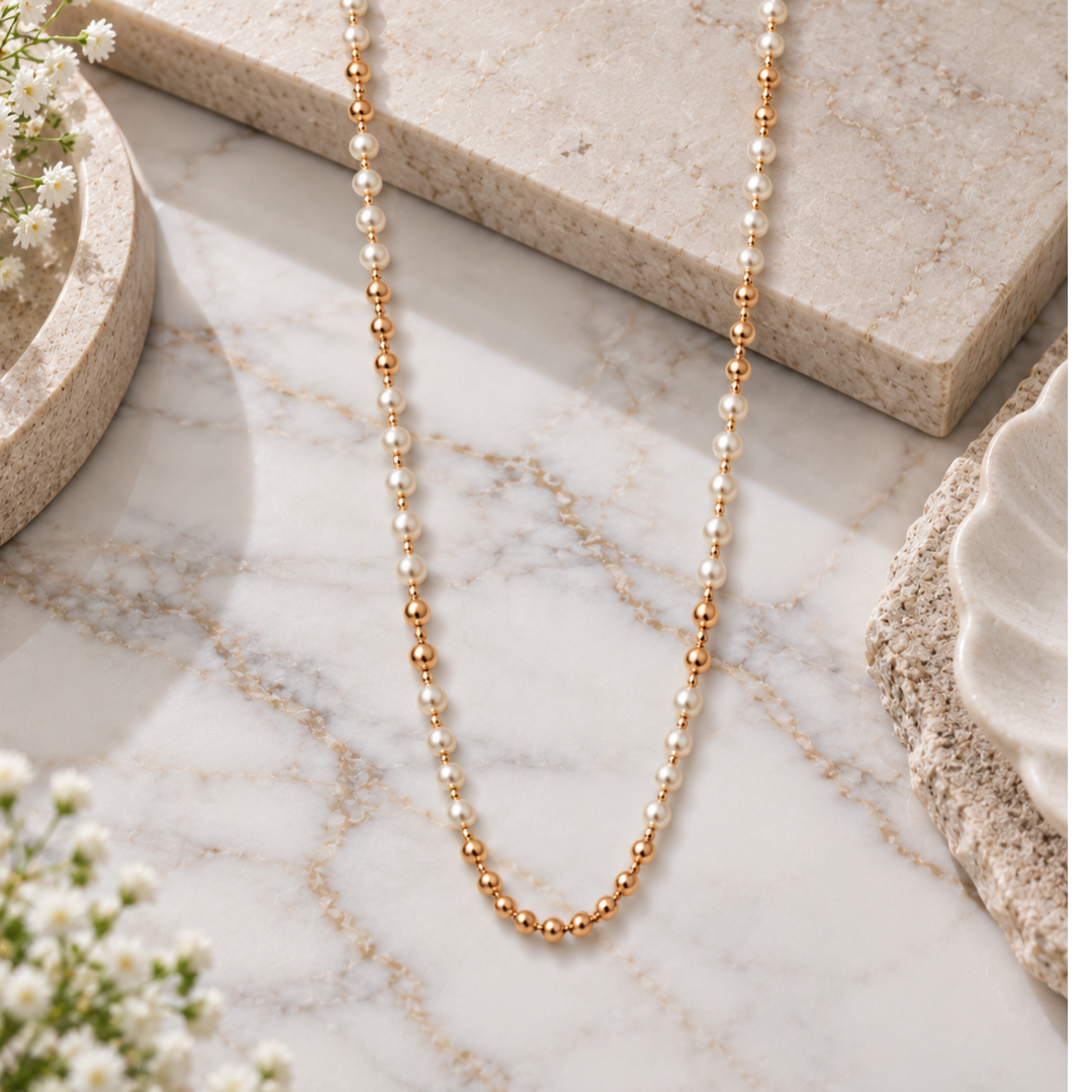 Blisse allure 925 Sterling Silver Rose Gold Plated Pearl & Faceted Bead Long Necklace