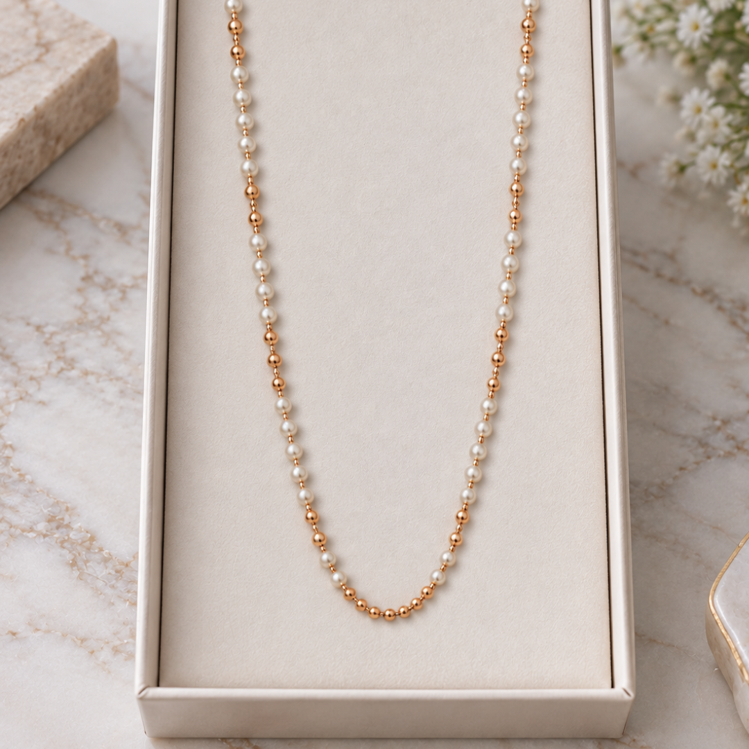 Blisse allure 925 Sterling Silver Rose Gold Plated Pearl & Faceted Bead Long Necklace