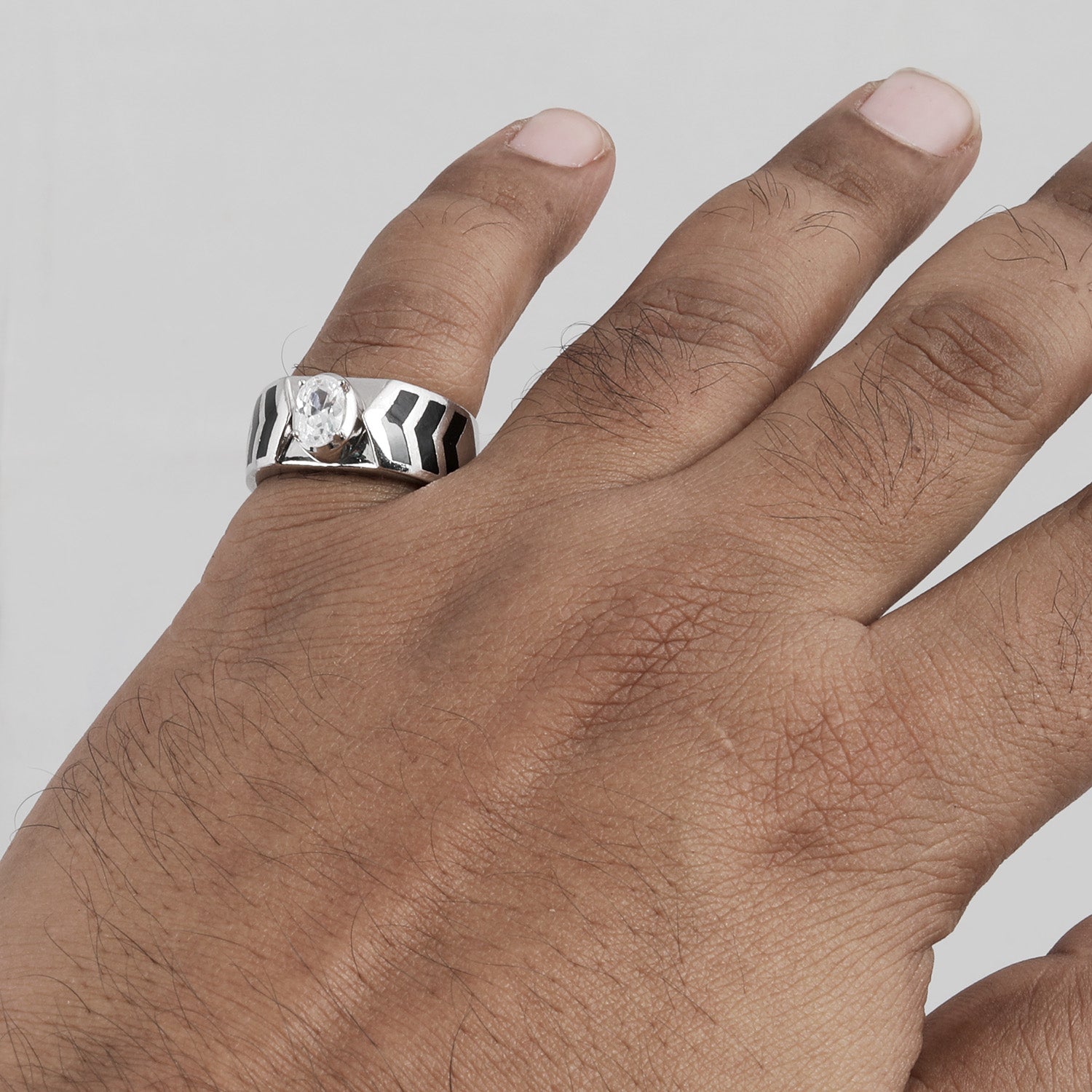 Blisse Allure 925 Sterling Silver Ring for Men with Chevron Design and Oval-Cut Gemstone