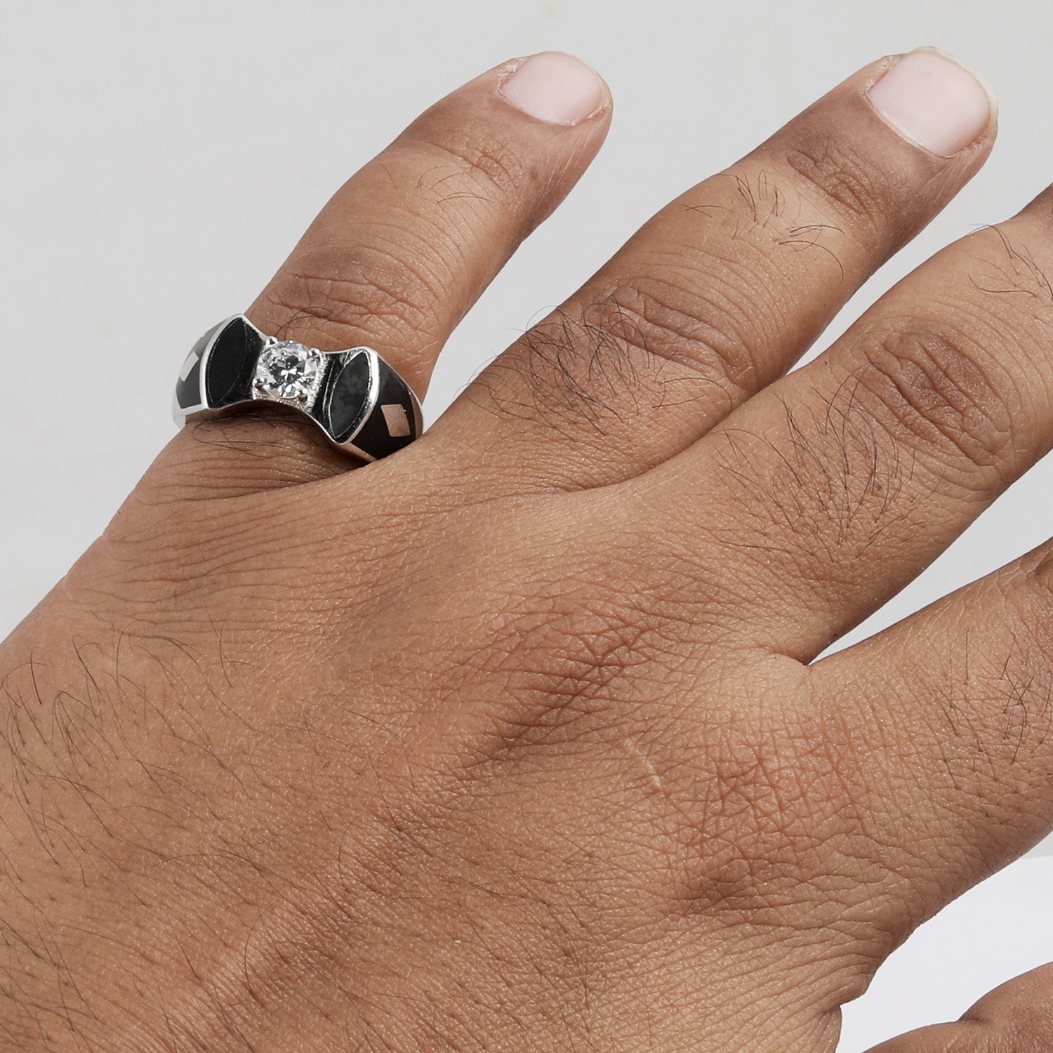 Blisse Allure 925 Sterling Silver Ring with Black Enamel and Center Diamond Accent For Men