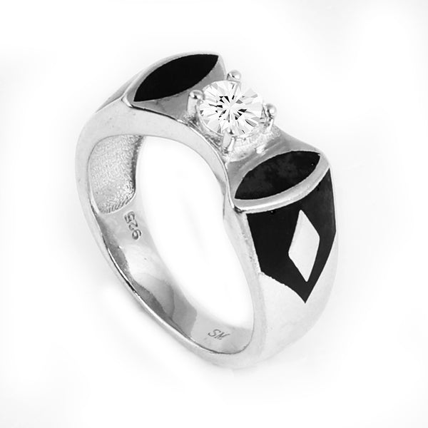 Blisse Allure 925 Sterling Silver Ring with Black Enamel and Center Diamond Accent For Men