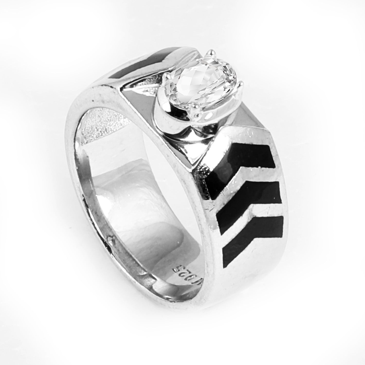 Blisse Allure 925 Sterling Silver Ring for Men with Chevron Design and Oval-Cut Gemstone