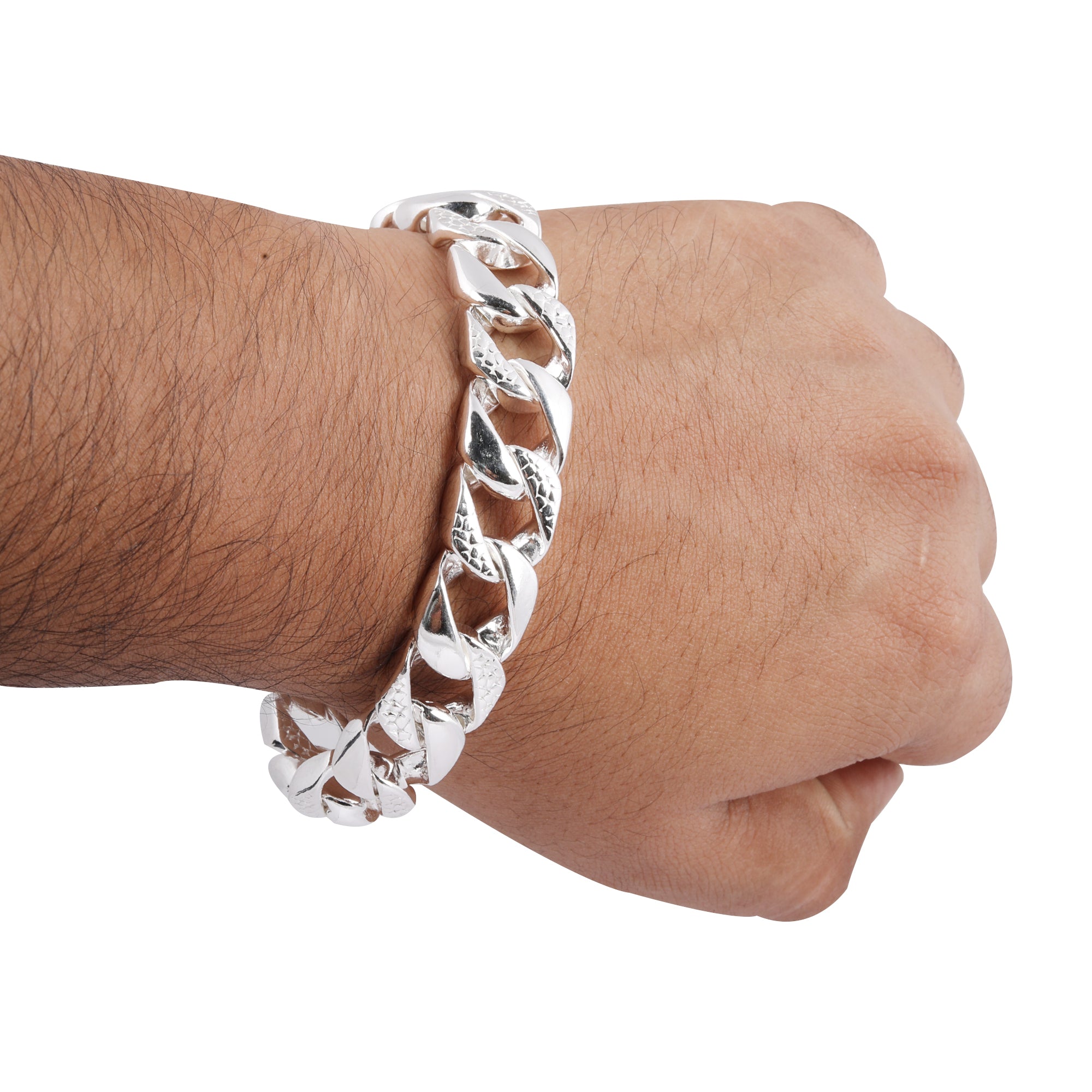Blisse Allure 925 Bold Silver Cuban Link Men's Bracelet with Textured Accents