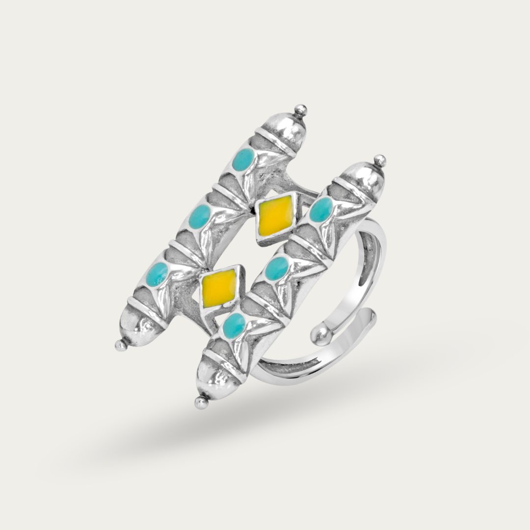 Blisse Allure – 925 Sterling Silver Tribal Dual-Bar Turquoise Statement Ring