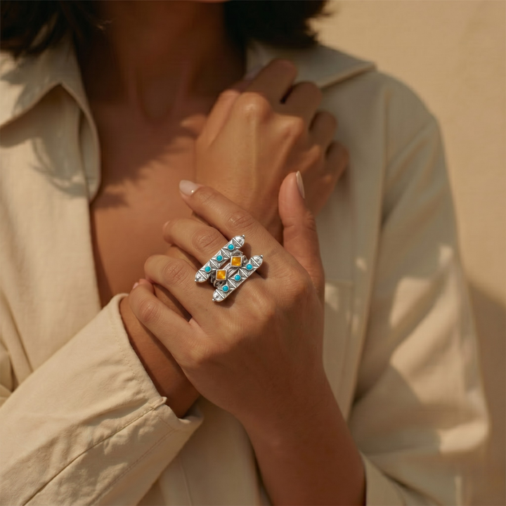 Blisse Allure – 925 Sterling Silver Tribal Dual-Bar Turquoise Statement Ring