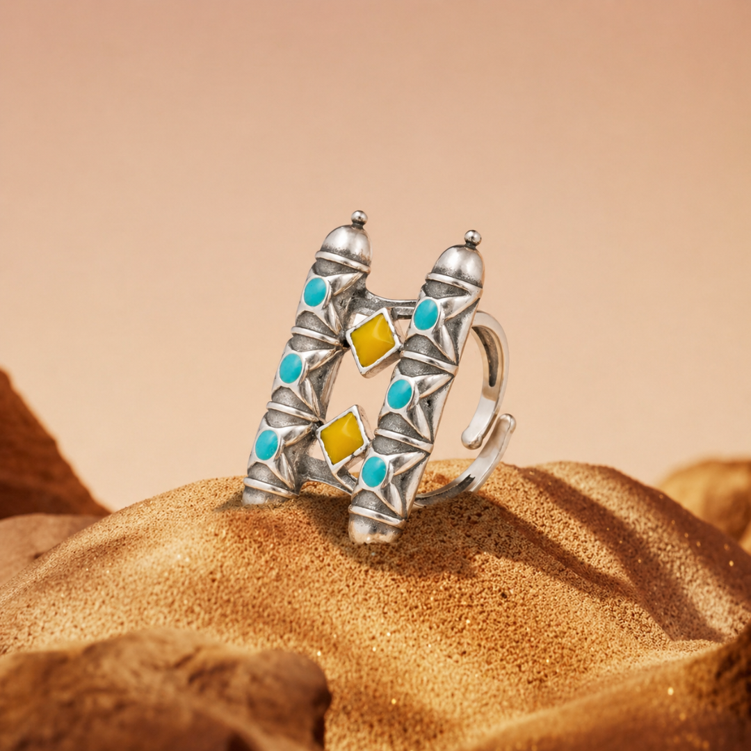 Blisse Allure – 925 Sterling Silver Tribal Dual-Bar Turquoise Statement Ring