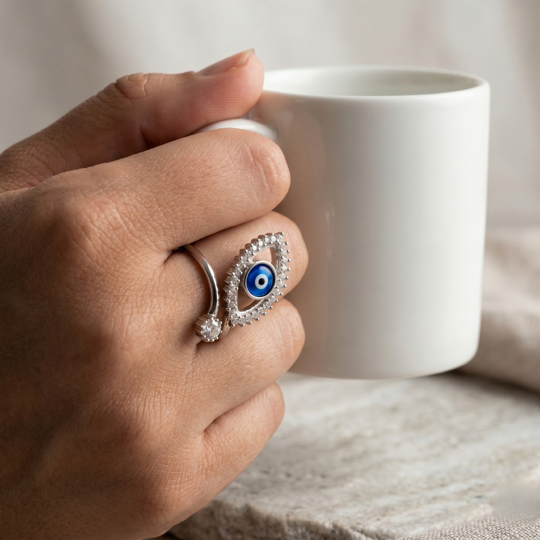 Blisse Allure – 925 Sterling Silver Evil Eye Adjustable Statement Ring