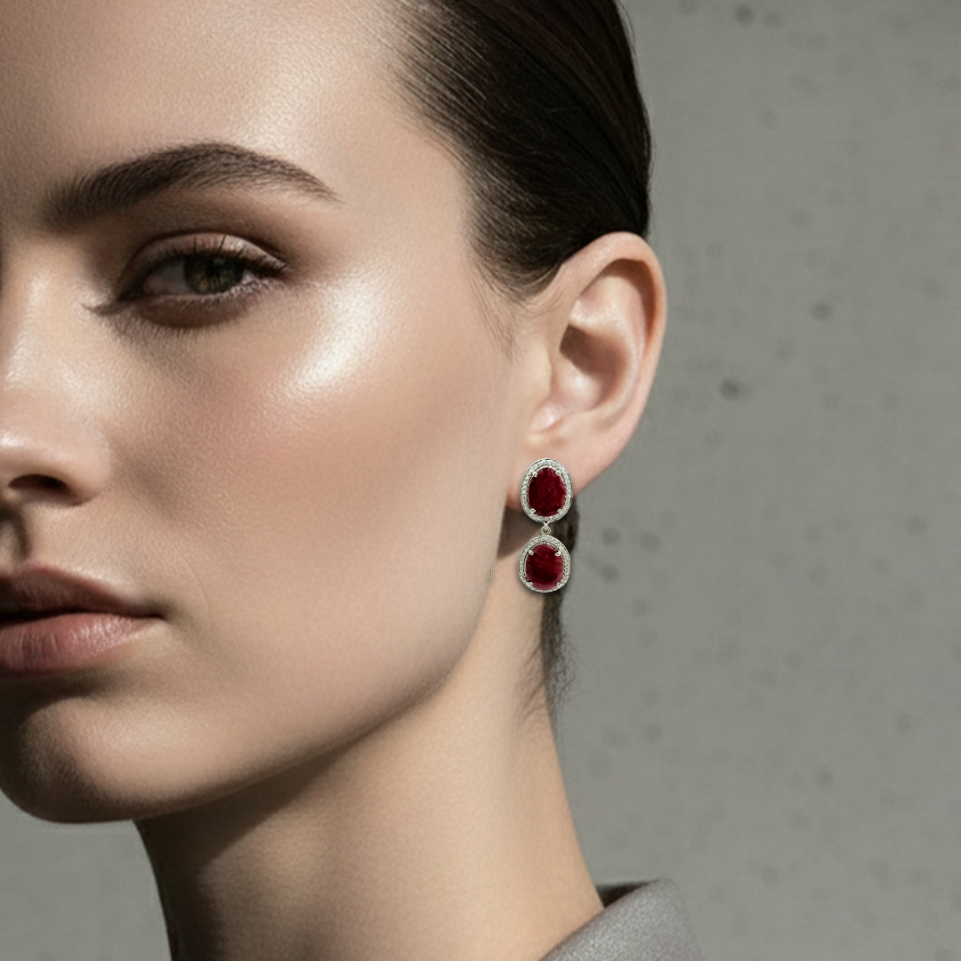 Blisse Allure Sterling Silver Ruby Talpe Danglers with White CZ