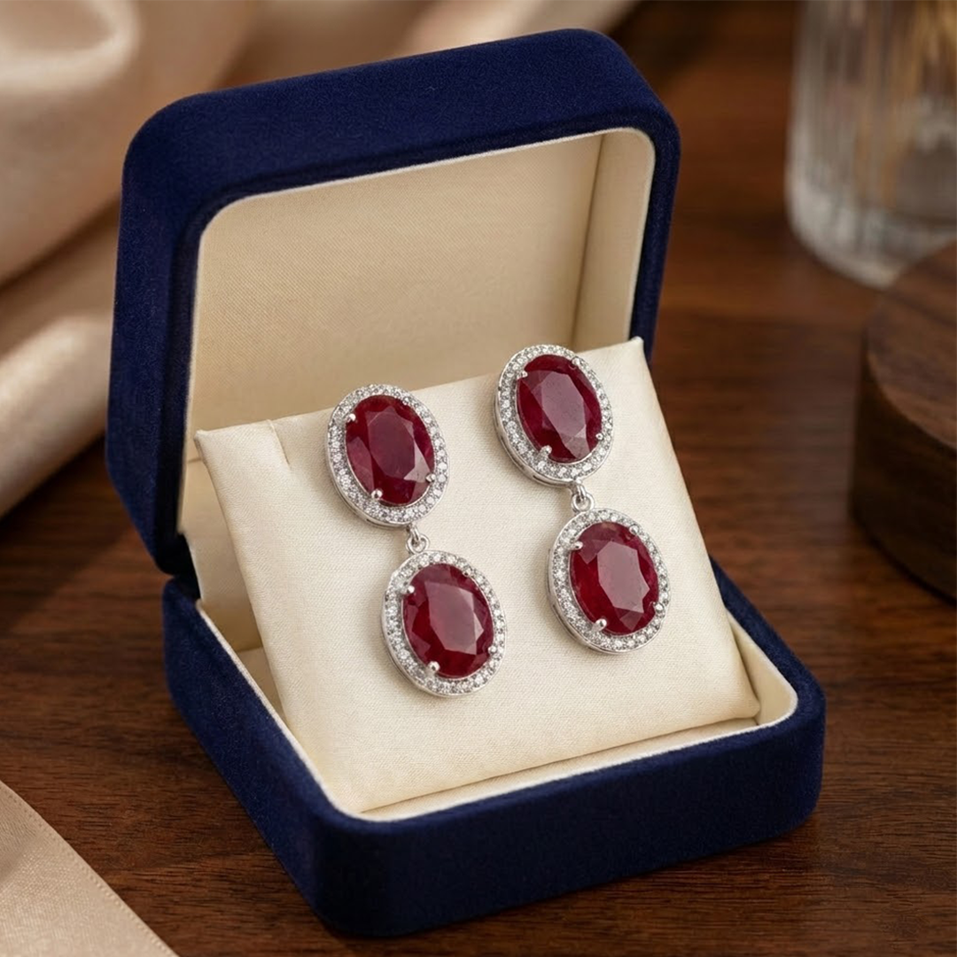 Blisse Allure Sterling Silver Ruby Talpe Danglers with White CZ