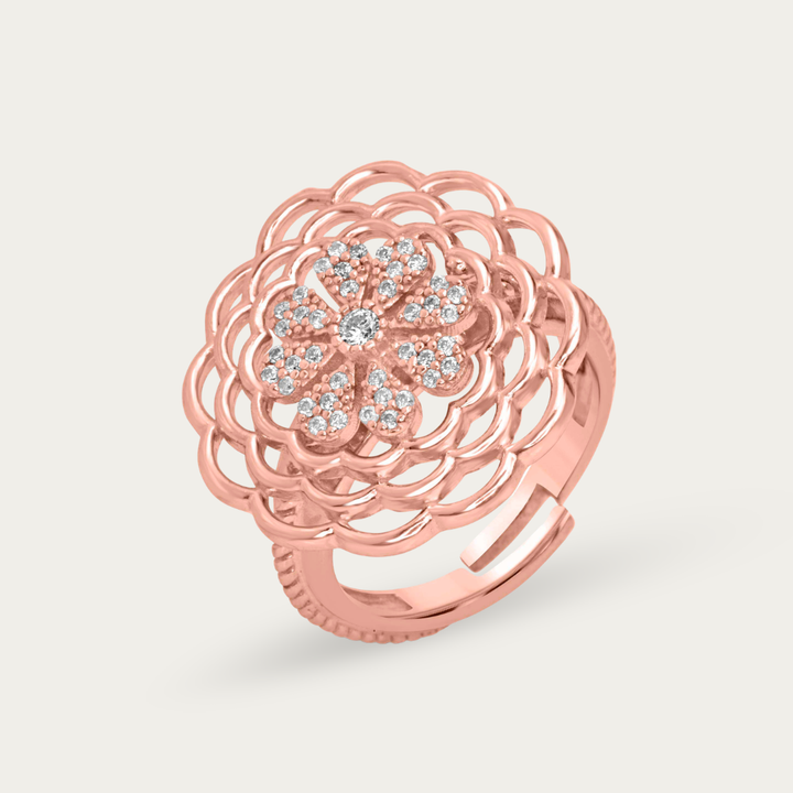 Blisse Allure – 925 Sterling Silver Rose Gold Floral Bloom Statement Ring
