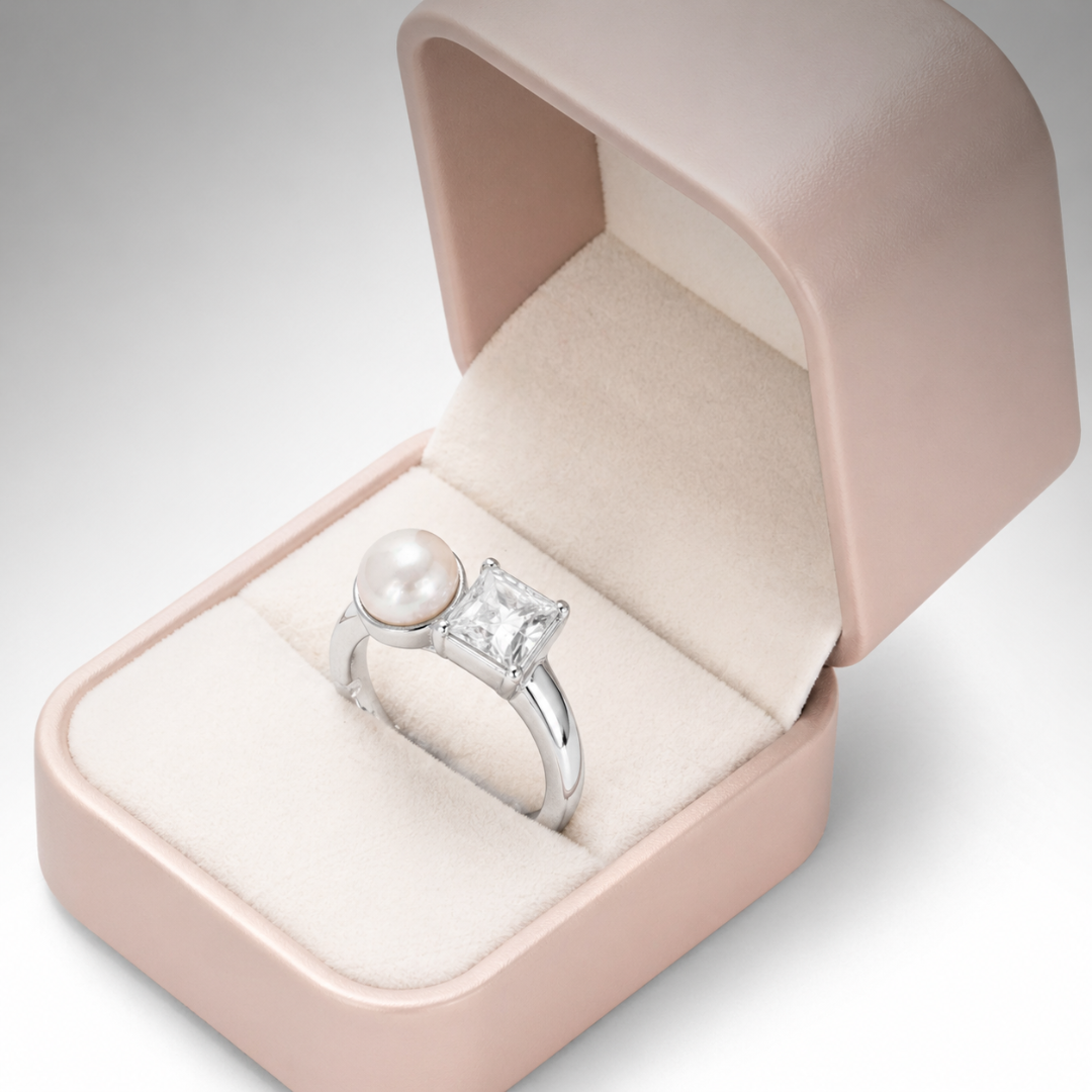 Blisse Allure – 925 Sterling Silver Pearl & Princess-Cut Duo Statement Ring