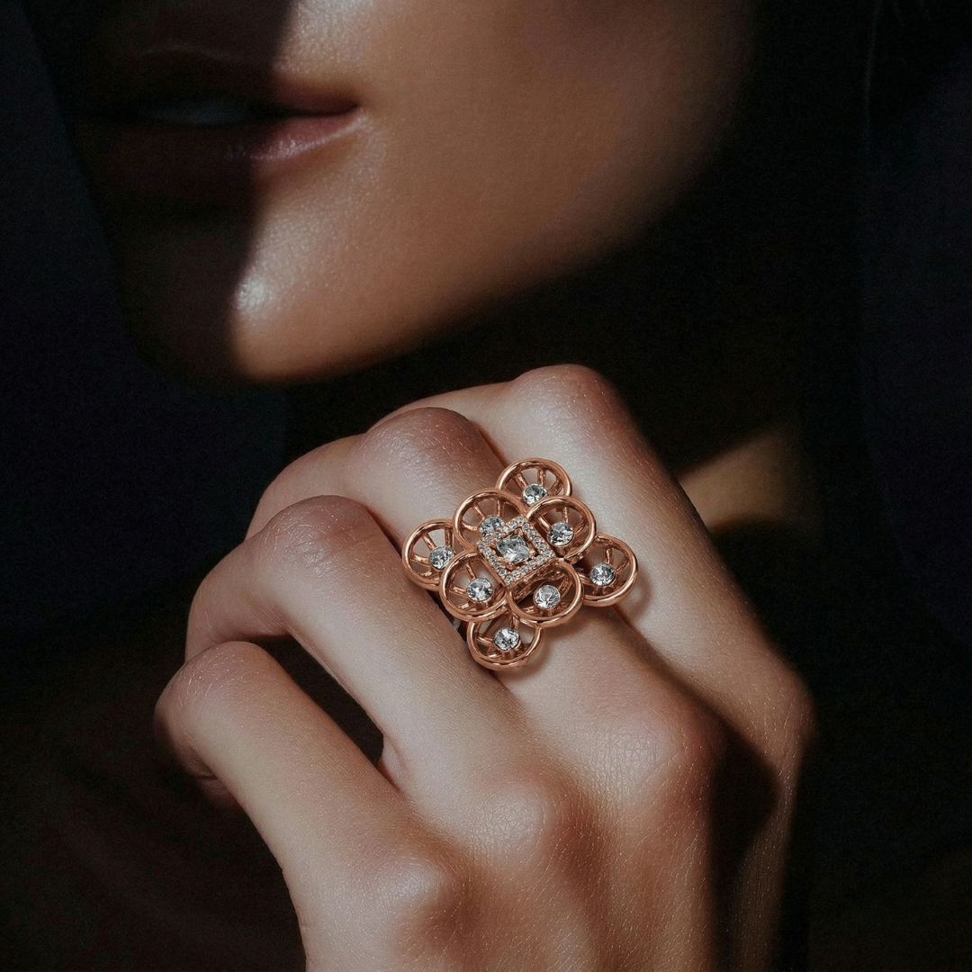 Blisse Allure – 925 Sterling Silver Rose Gold Geometric Bloom Statement Ring