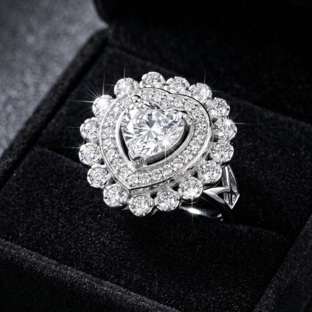 Blisse Allure – 925 Sterling Silver Double Halo Heart Statement Ring