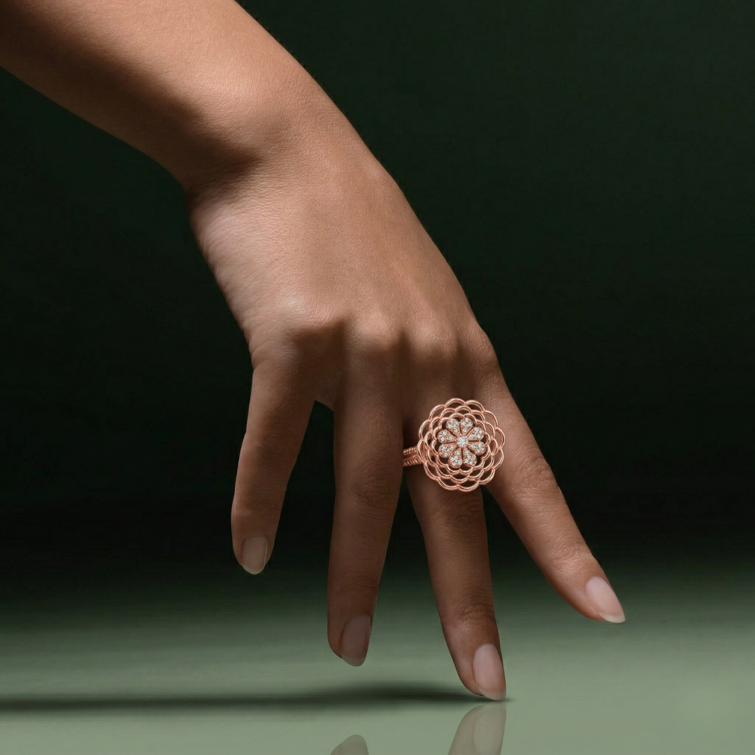 Blisse Allure – 925 Sterling Silver Rose Gold Floral Bloom Statement Ring
