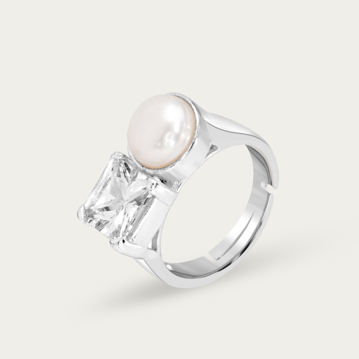 Blisse Allure – 925 Sterling Silver Pearl & Princess-Cut Duo Statement Ring