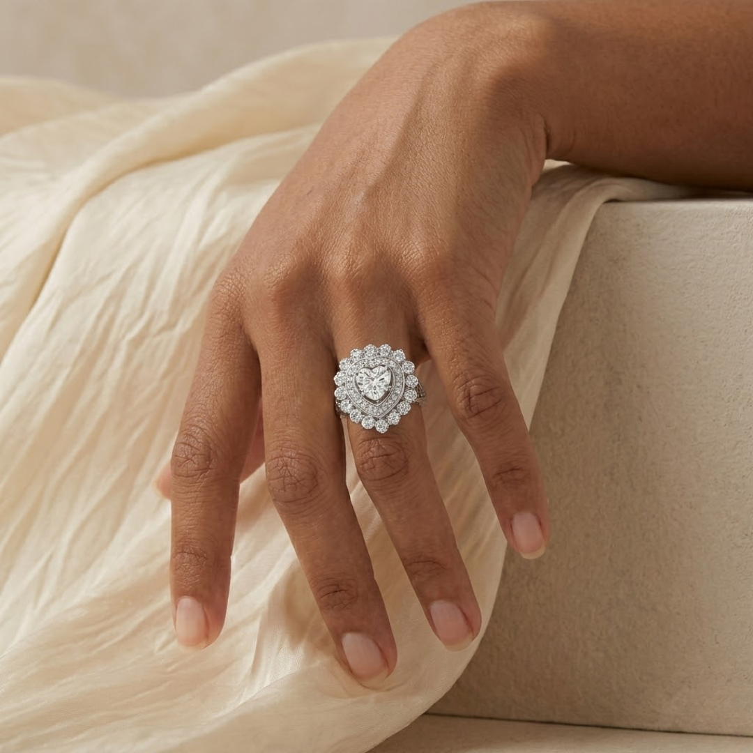 Blisse Allure – 925 Sterling Silver Double Halo Heart Statement Ring