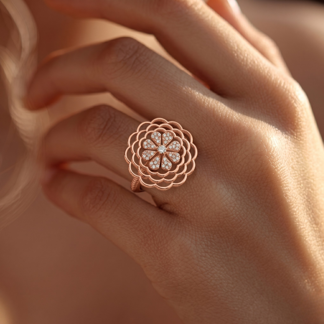 Blisse Allure – 925 Sterling Silver Rose Gold Floral Bloom Statement Ring