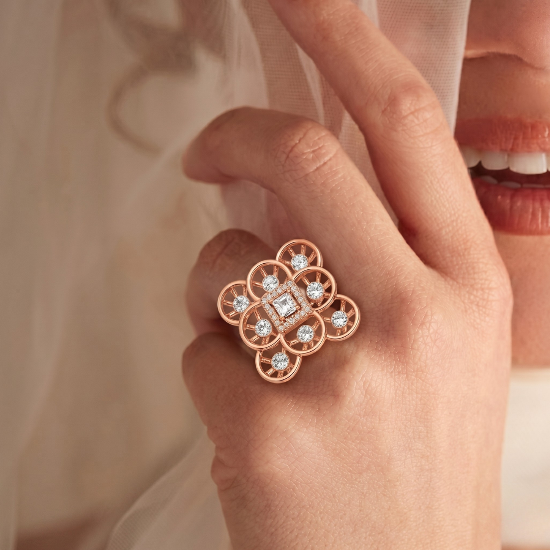 Blisse Allure – 925 Sterling Silver Rose Gold Geometric Bloom Statement Ring