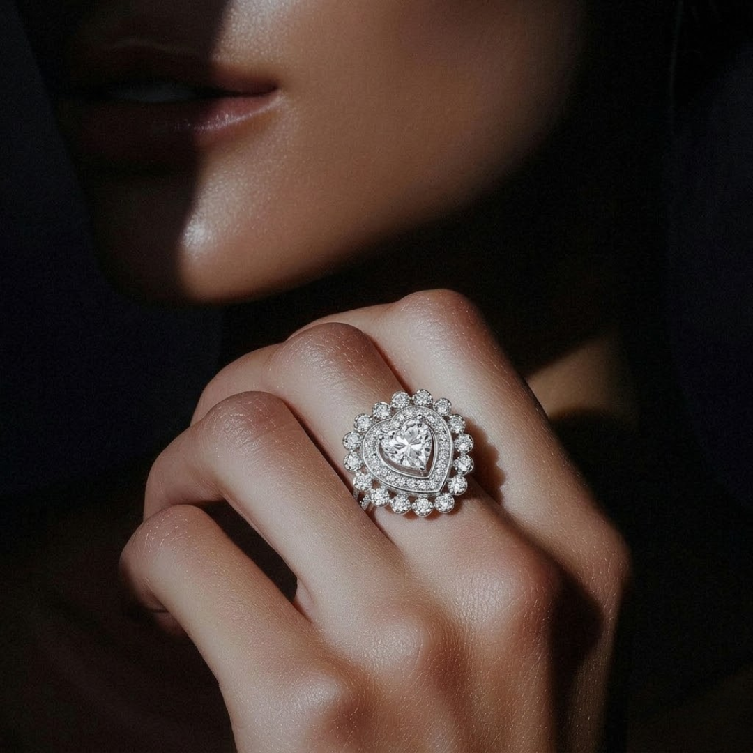 Blisse Allure – 925 Sterling Silver Double Halo Heart Statement Ring