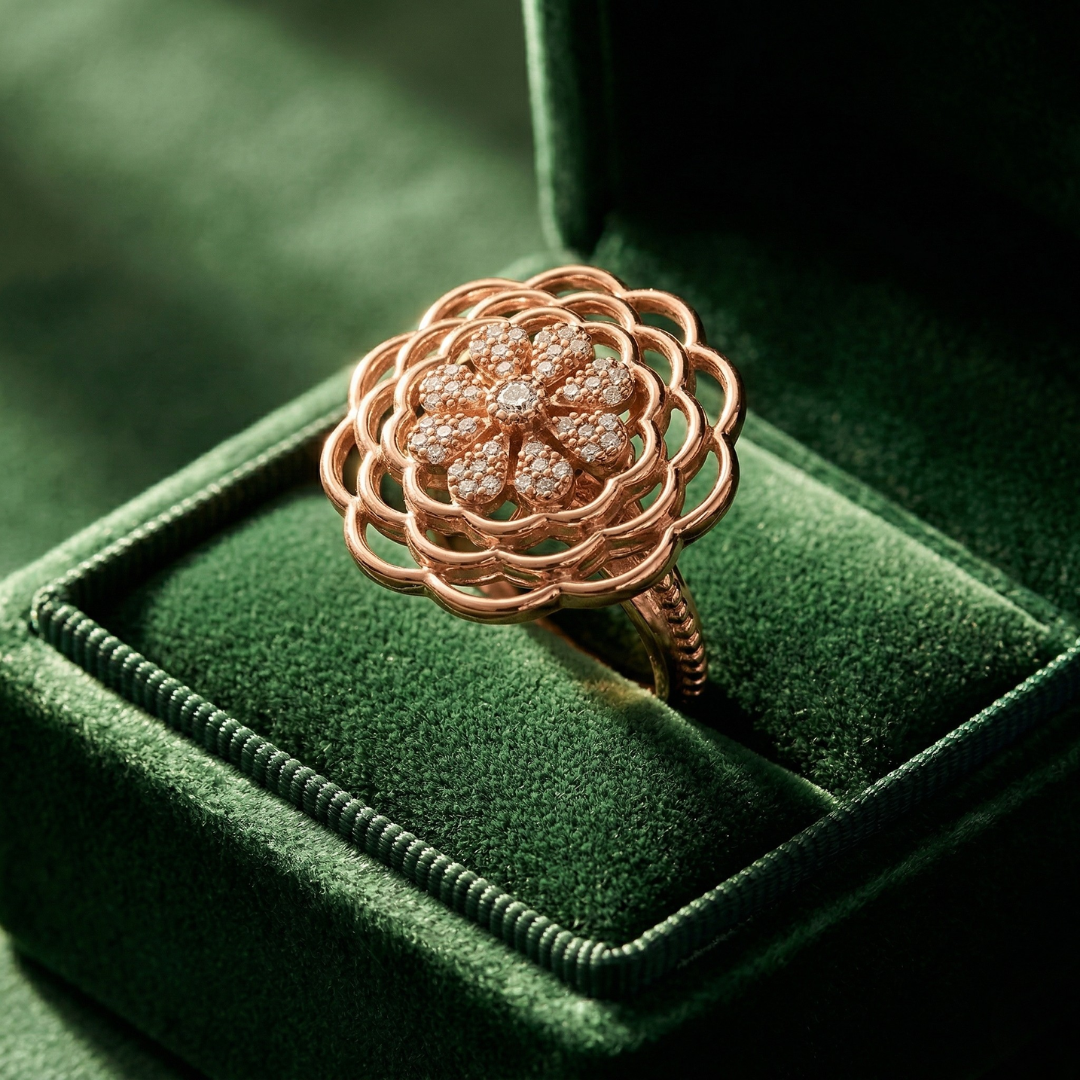 Blisse Allure – 925 Sterling Silver Rose Gold Floral Bloom Statement Ring
