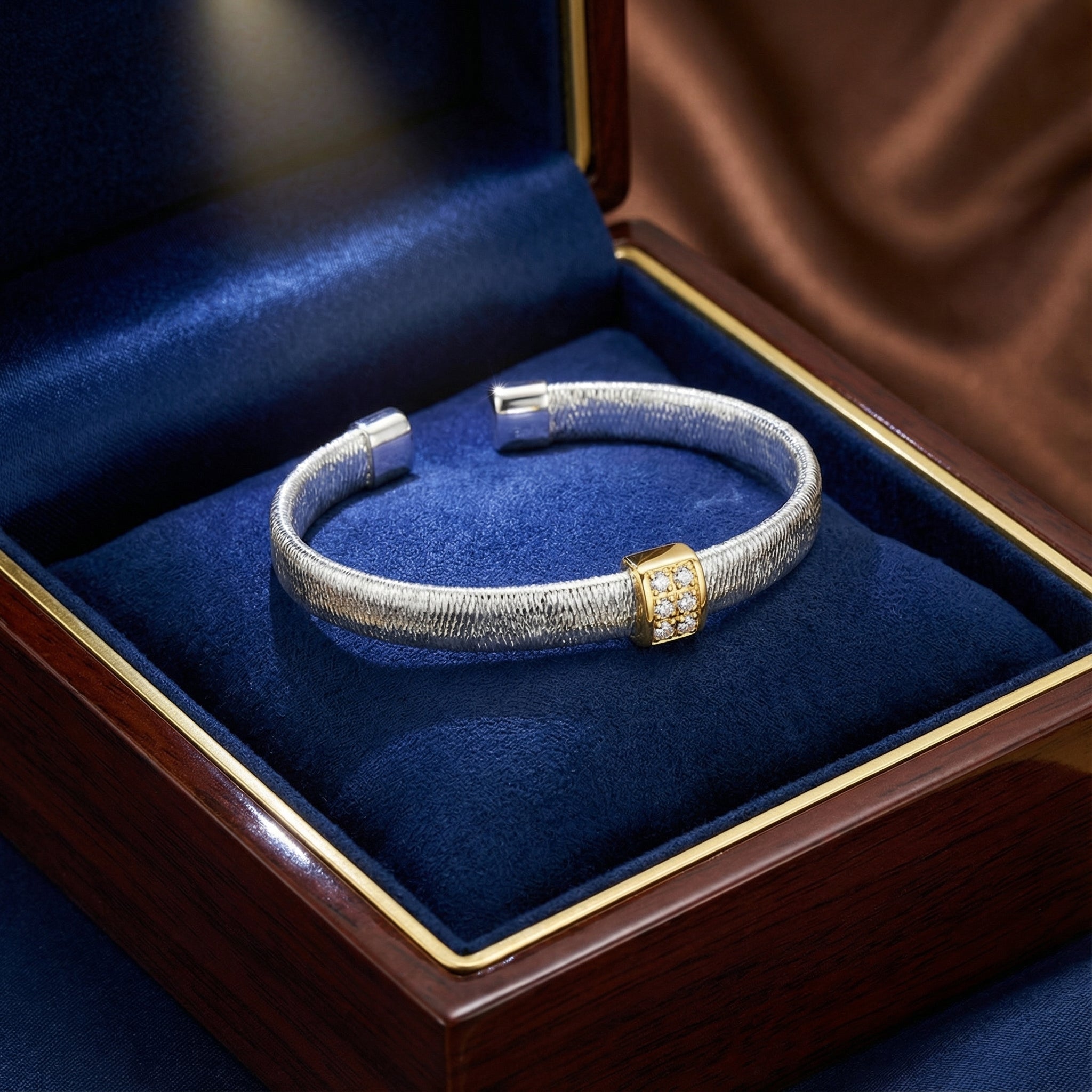 Blisse Allure Elegant Gold Woven Cuff Bracelet with Diamond Accent