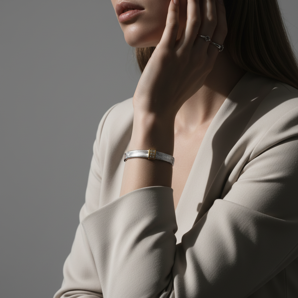 Blisse Allure Elegant Gold Woven Cuff Bracelet with Diamond Accent