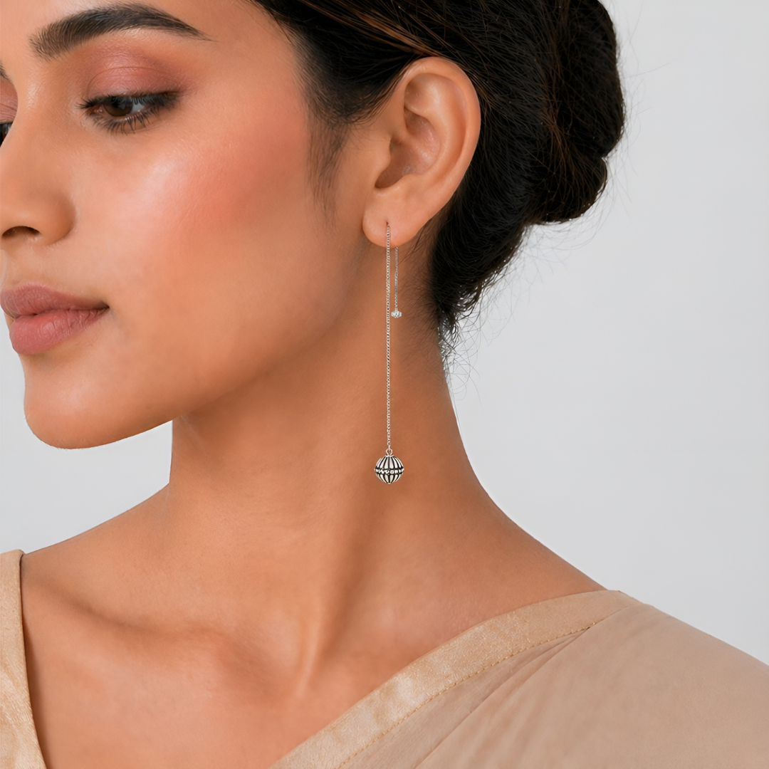 Blisse Allure- 925 Sterling Silver Antique Dome Drop Thread Earrings