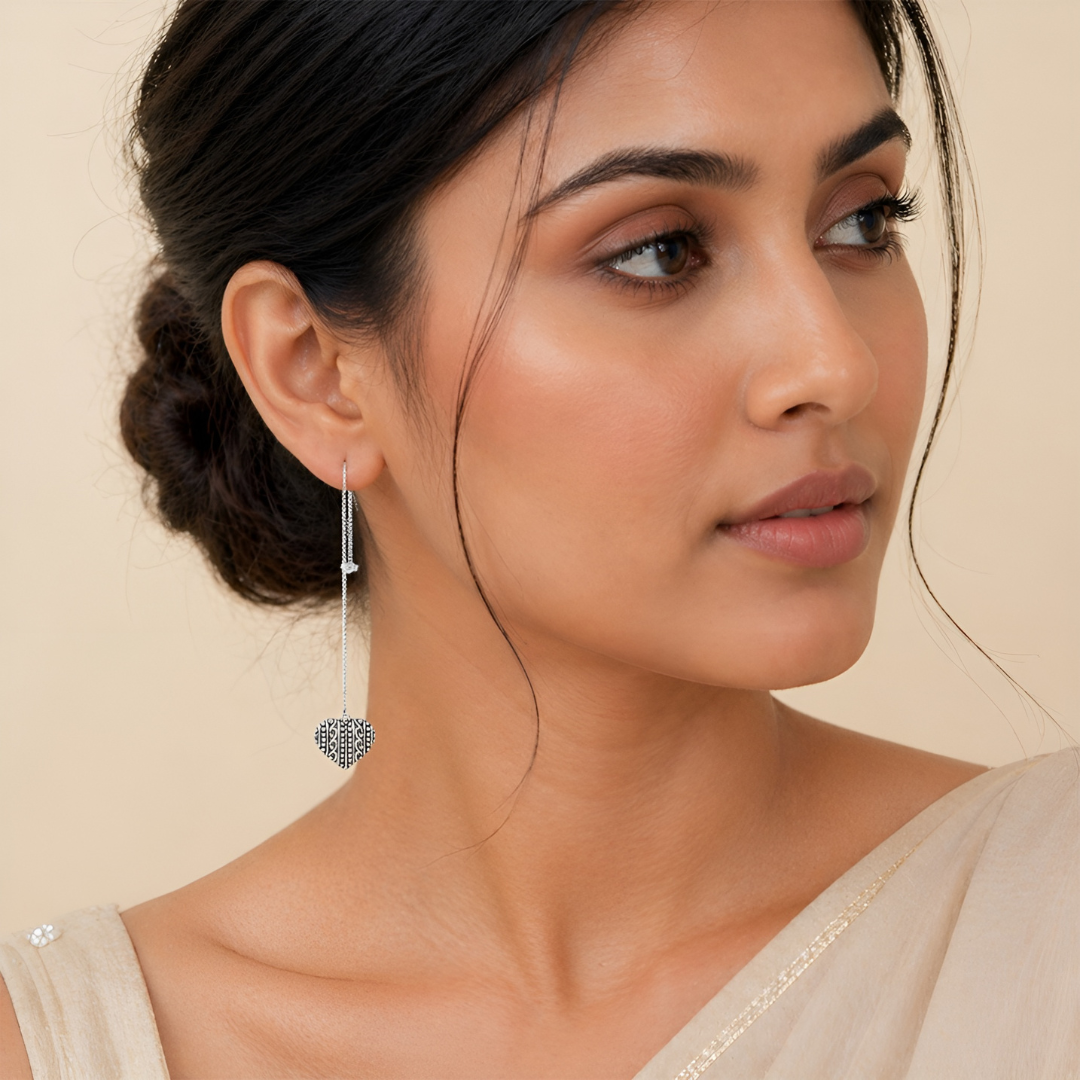 BlisseAllure – 925 Sterling Silver Antique Heart Drop Thread Earrings