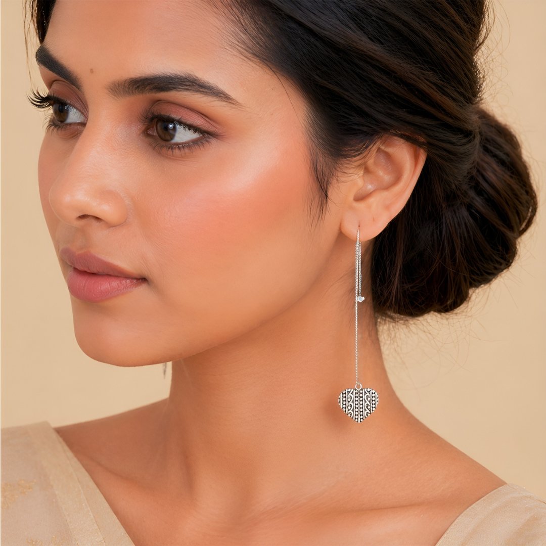BlisseAllure – 925 Sterling Silver Antique Heart Drop Thread Earrings