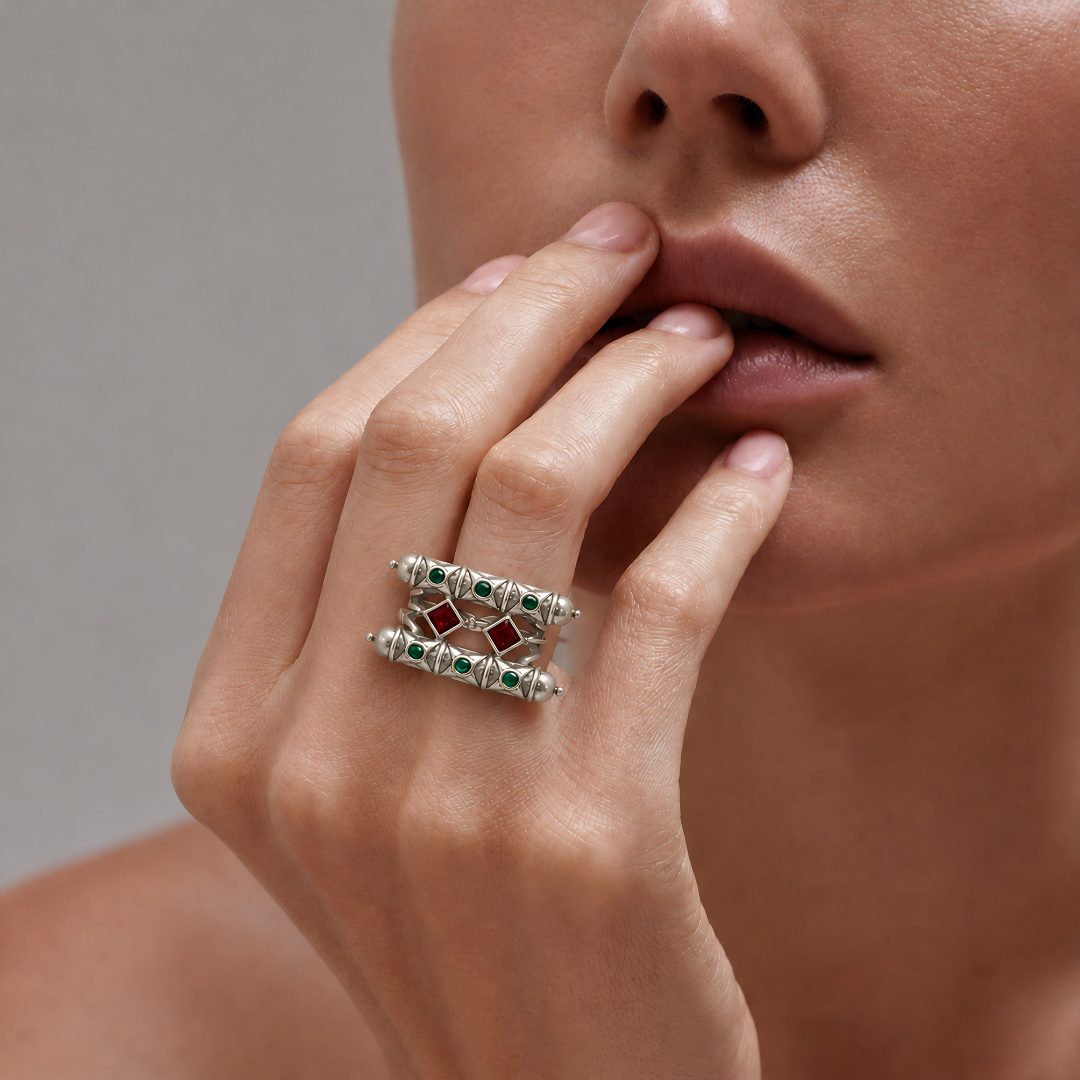 Blisse Allure – 925 Sterling Silver Tribal Dual-Bar Statement Ring