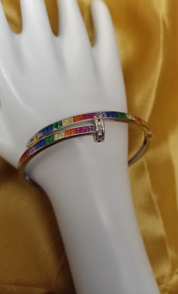 Blisse Allure Sterling Silver Rainbow Overlap Baguette cubic zirconia Bangle
