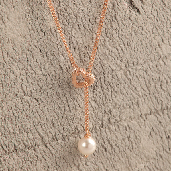 Blisse Allure Rose Gold Heart Pearl Lariat Necklace
