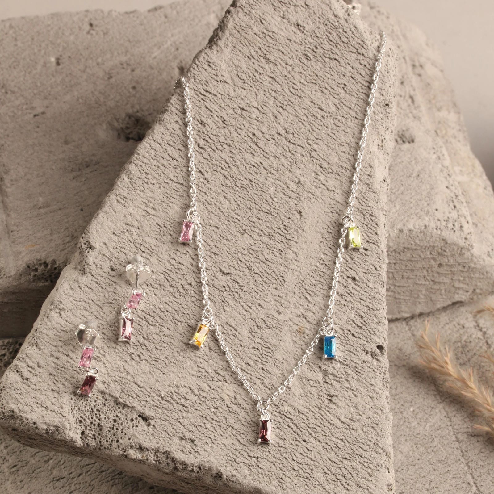 Blisse Allure Sterling Silver Multi Stone Studded Charms Necklace Set