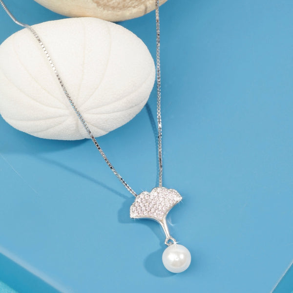 Blisse Allure Sterling Silver Apricot Leaf with Pearl Pendant Necklace